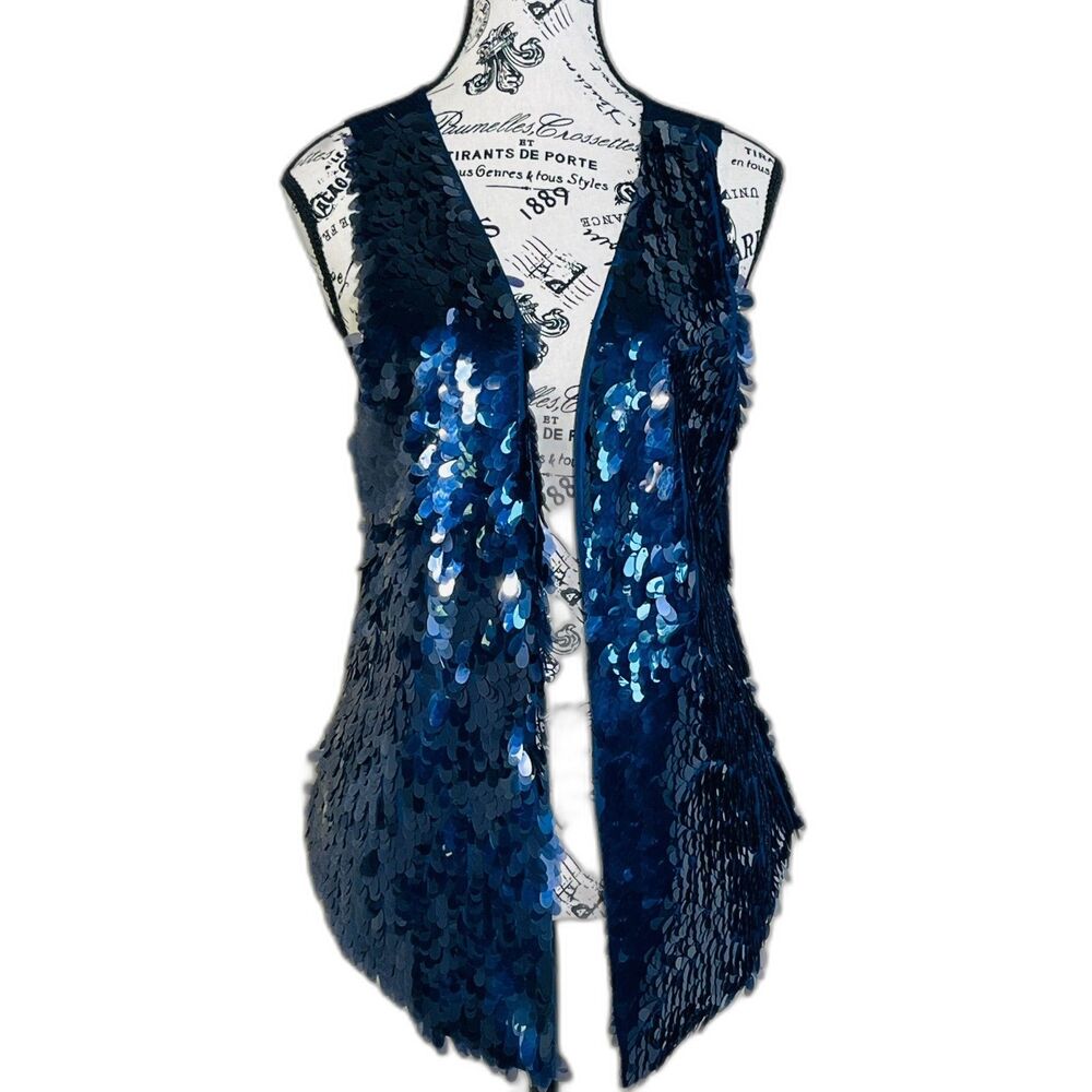 Cache Navy Sequin Vest Metallic LARGE Sequin Rib Knit Whimsy Y2K Sparkle